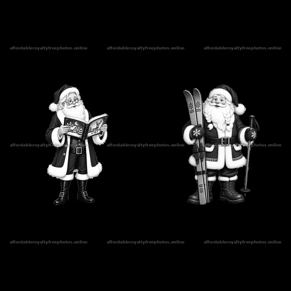 Santa Claus reading a book and Santa Claus skiing – royalty-free photos 7746x7746