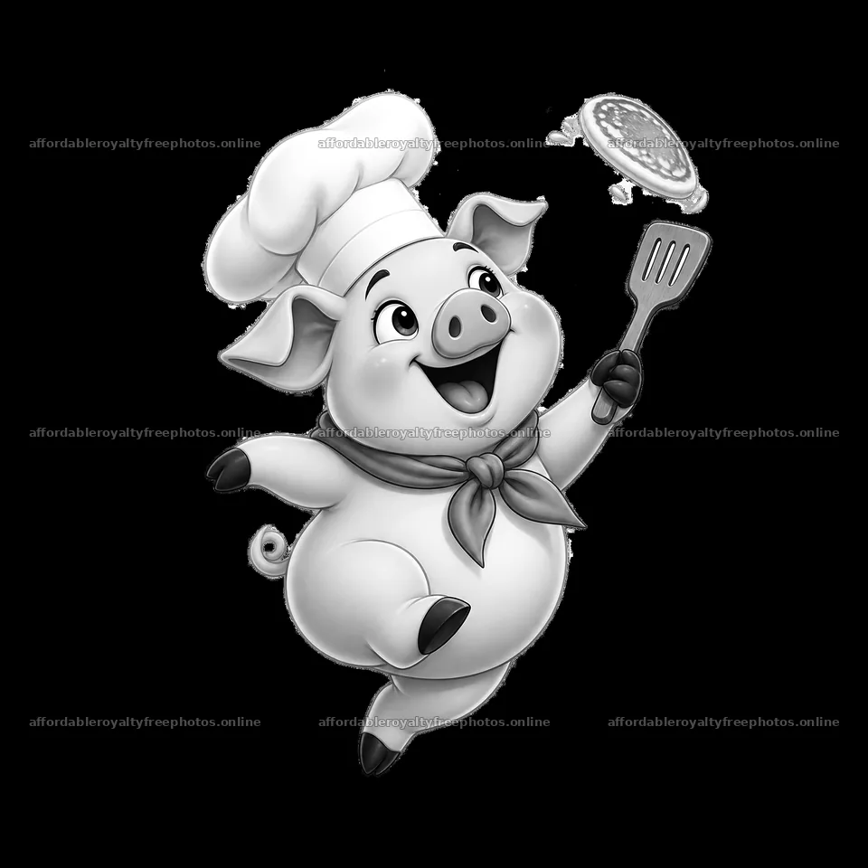 Chef pig flipping a pancake with a spatula in a kitchen – royalty-free photos 7746x7746