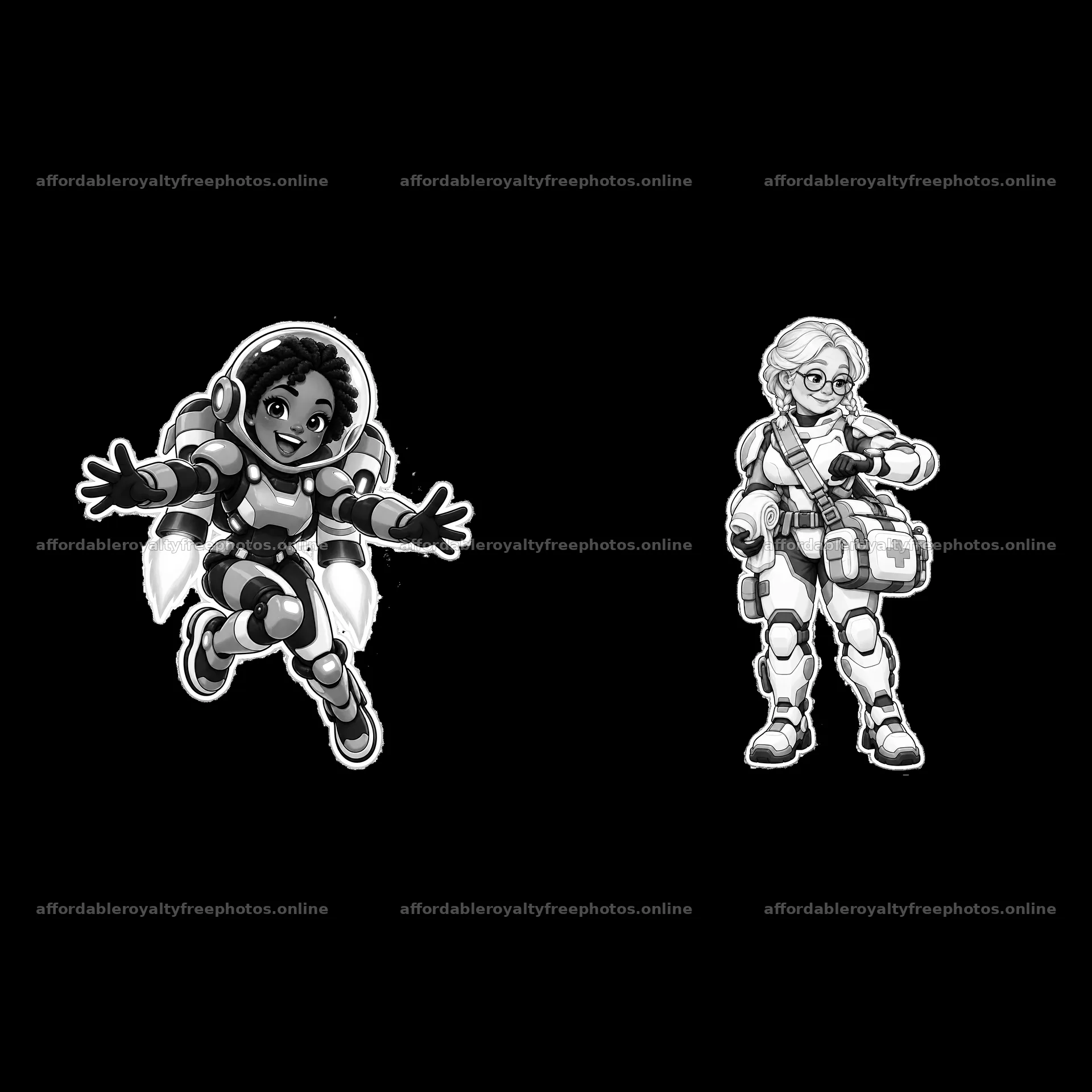 Kawaii futuristic super-soldier duo in action poses – royalty-free photos 7746x7746