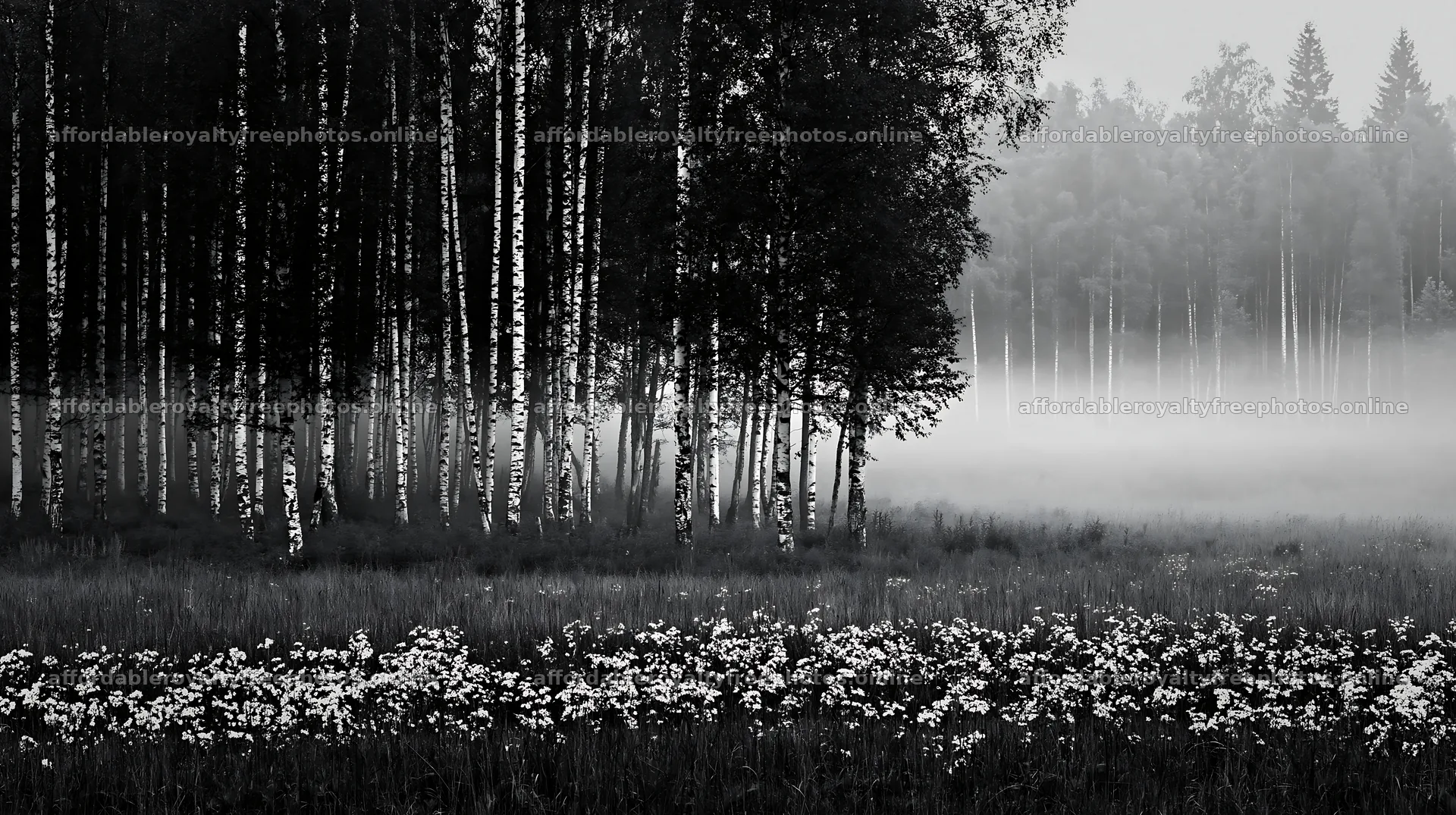 Birch forest meadow with fog and wildflowers – royalty-free photos 10608x5938