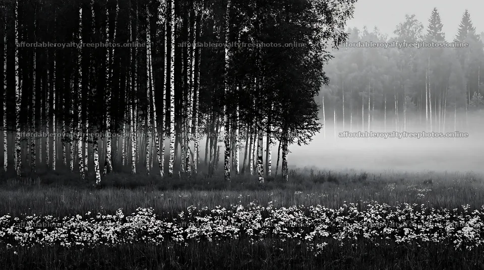 Birch forest meadow with fog and wildflowers – royalty-free photos 10608x5938