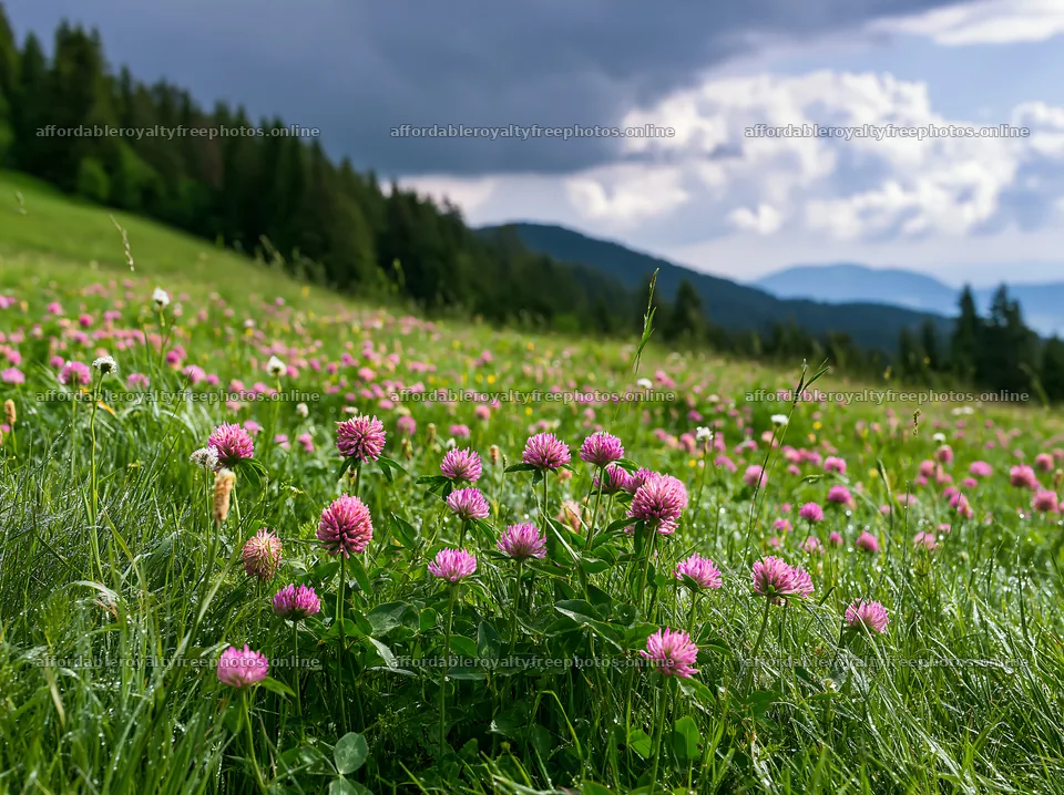 Clover meadow with dew and pink flowers in a green – royalty-free photos 9174x6866